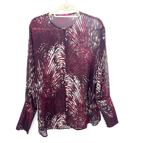 Tamara Mellon Red Silk Long Sleeve Gauntlet Cuff Boho Tunic Blouse Womens 10 - Picture 1 of 8